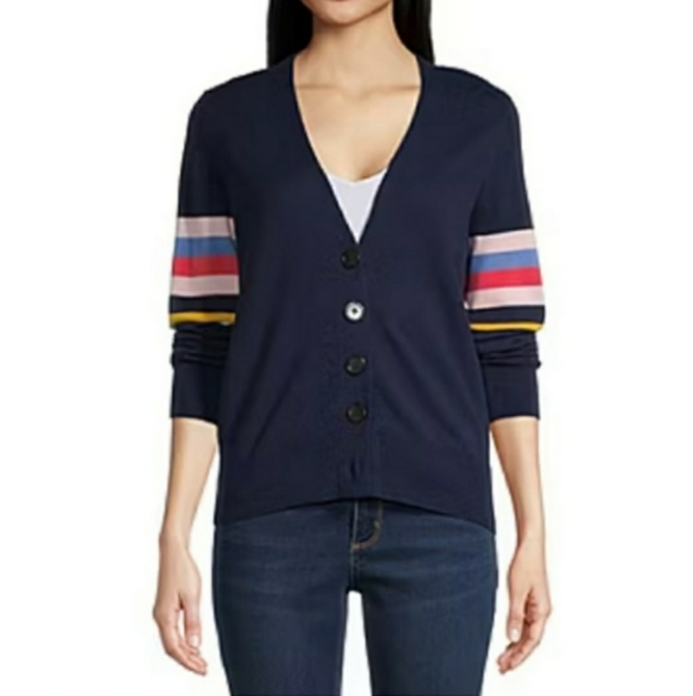 St John's Bay Womens Medium Blue Cardigan Multi-Color Stripe Sleeve  Sweater NWT